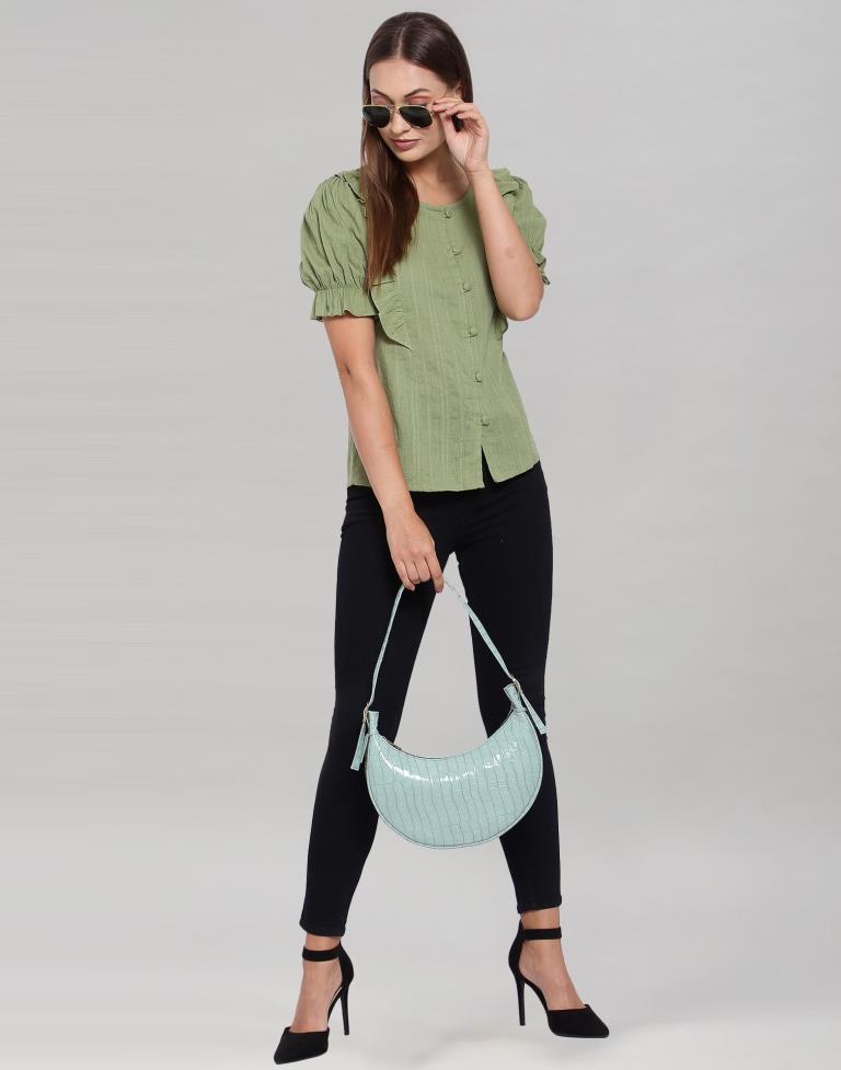 Olive Green Colored Cotton Self Woven Top | Sudathi