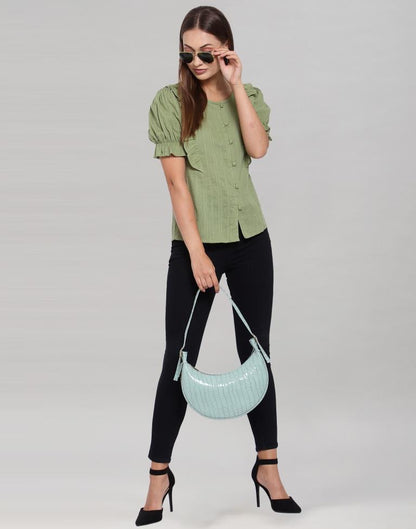 Olive Green Colored Cotton Self Woven Top | Sudathi