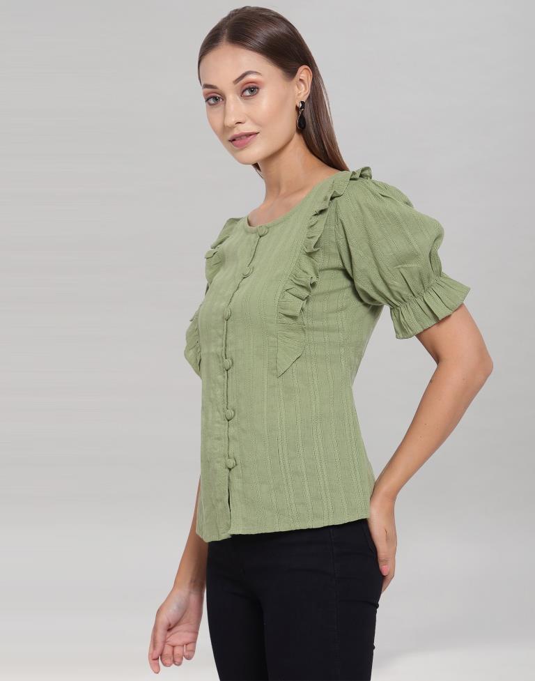 Olive Green Colored Cotton Self Woven Top | Sudathi