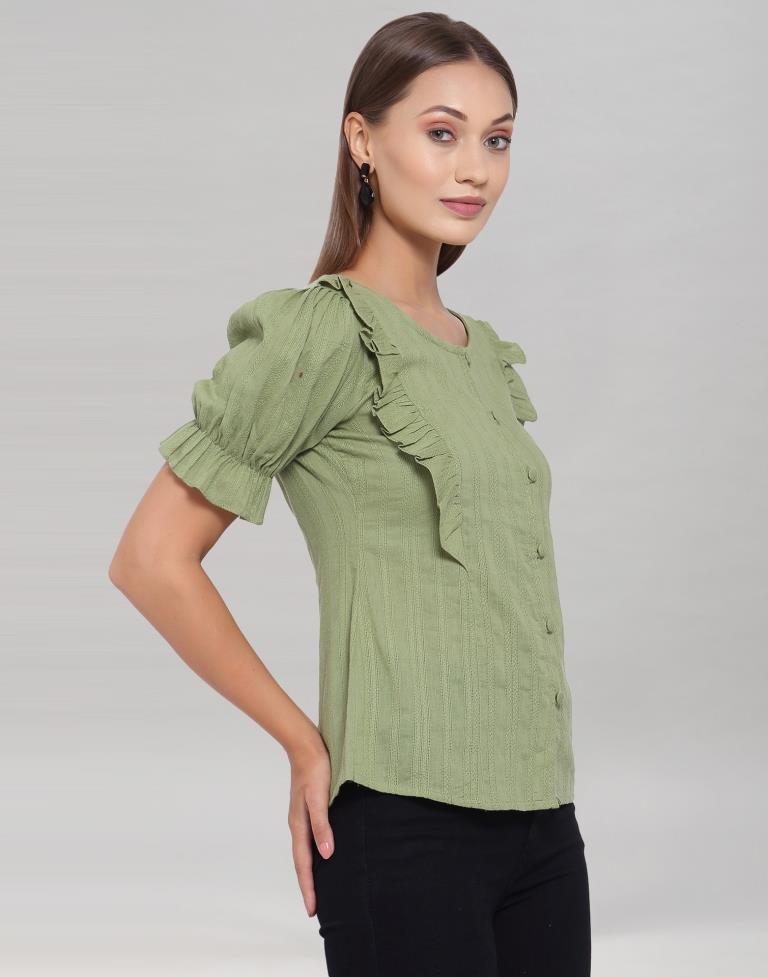 Olive Green Colored Cotton Self Woven Top | Sudathi