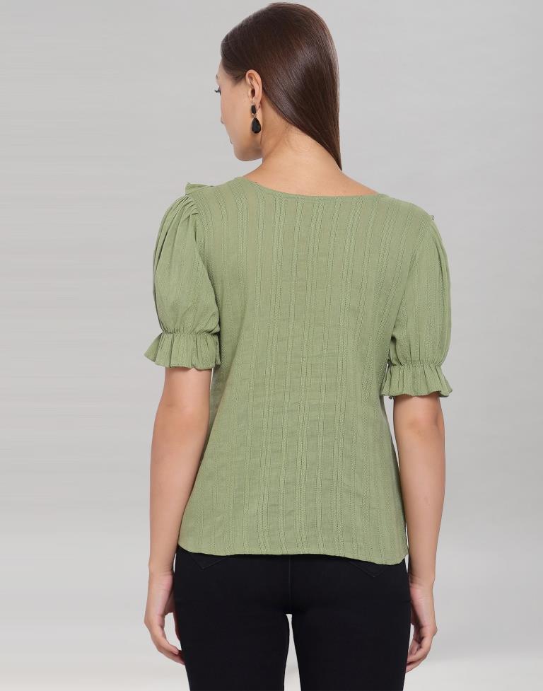 Olive Green Colored Cotton Self Woven Top | Sudathi