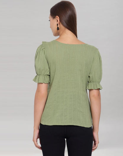 Olive Green Colored Cotton Self Woven Top | Sudathi