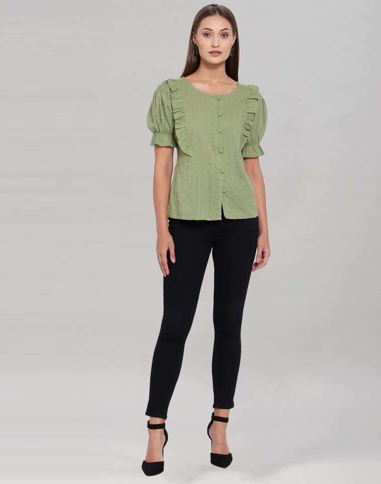 Olive Green Colored Cotton Self Woven Top | Sudathi