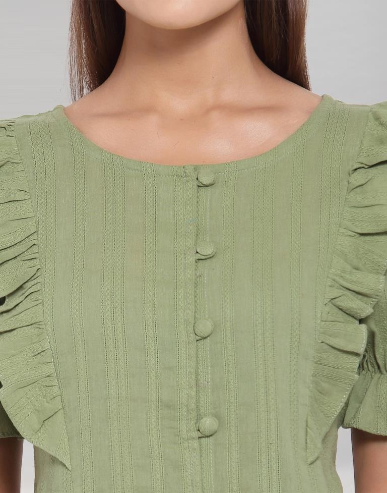 Olive Green Colored Cotton Self Woven Top | Sudathi