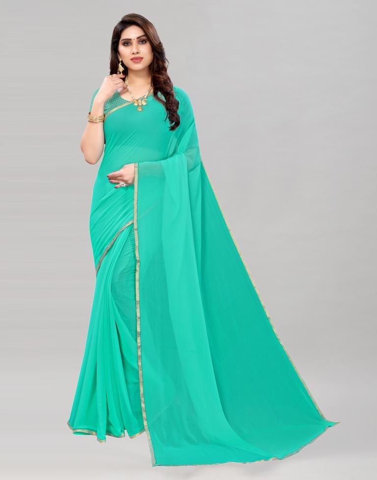 Turquoise Blue Coloured Dyed Chiffon Saree | Sudathi