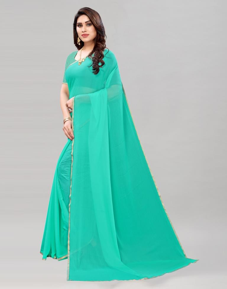 Turquoise Blue Coloured Dyed Chiffon Saree | Sudathi