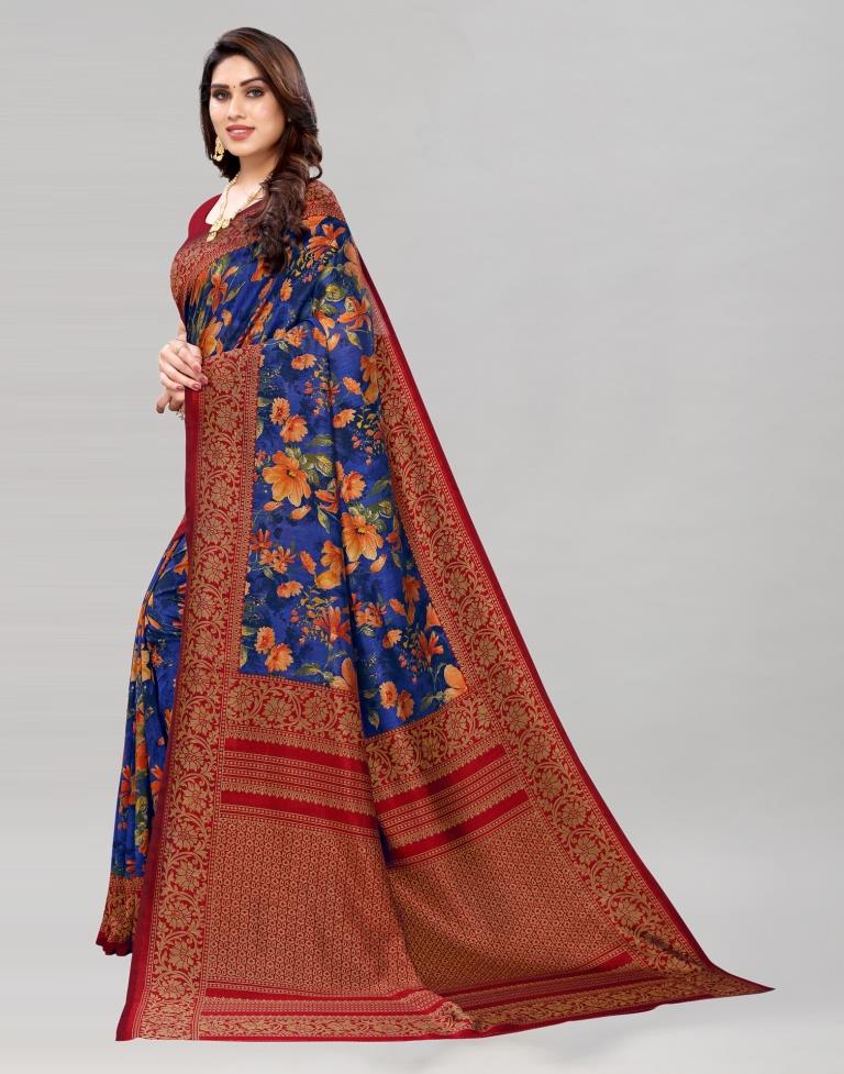 Blue Coloured Floral Printed Silk Saree | Sudathi