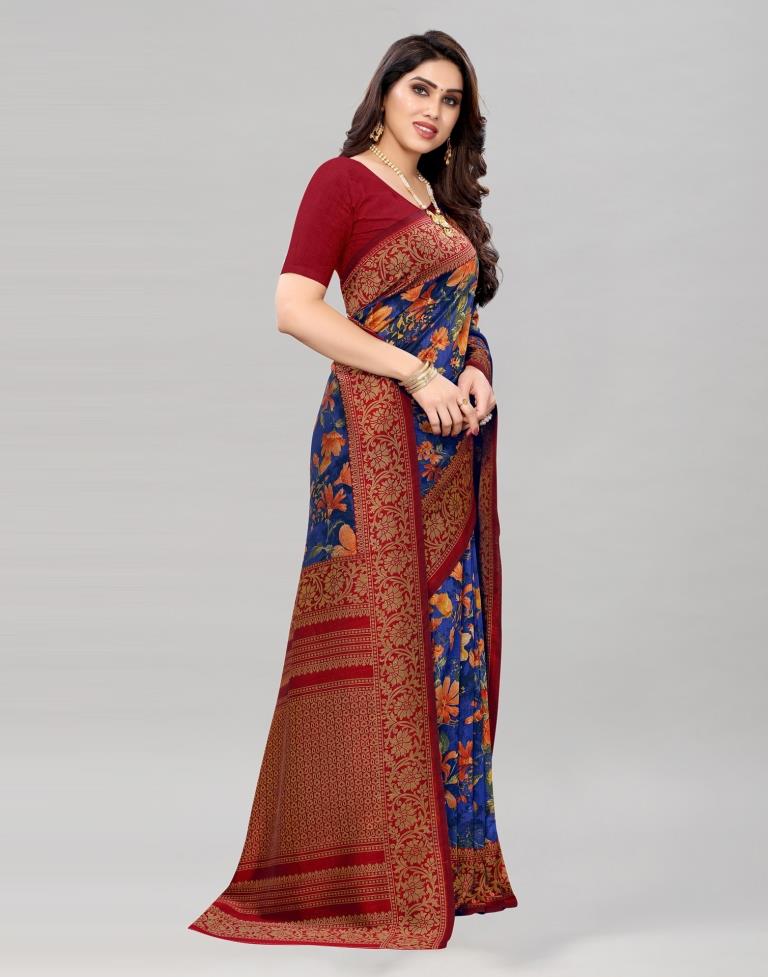 Blue Coloured Floral Printed Silk Saree | Sudathi