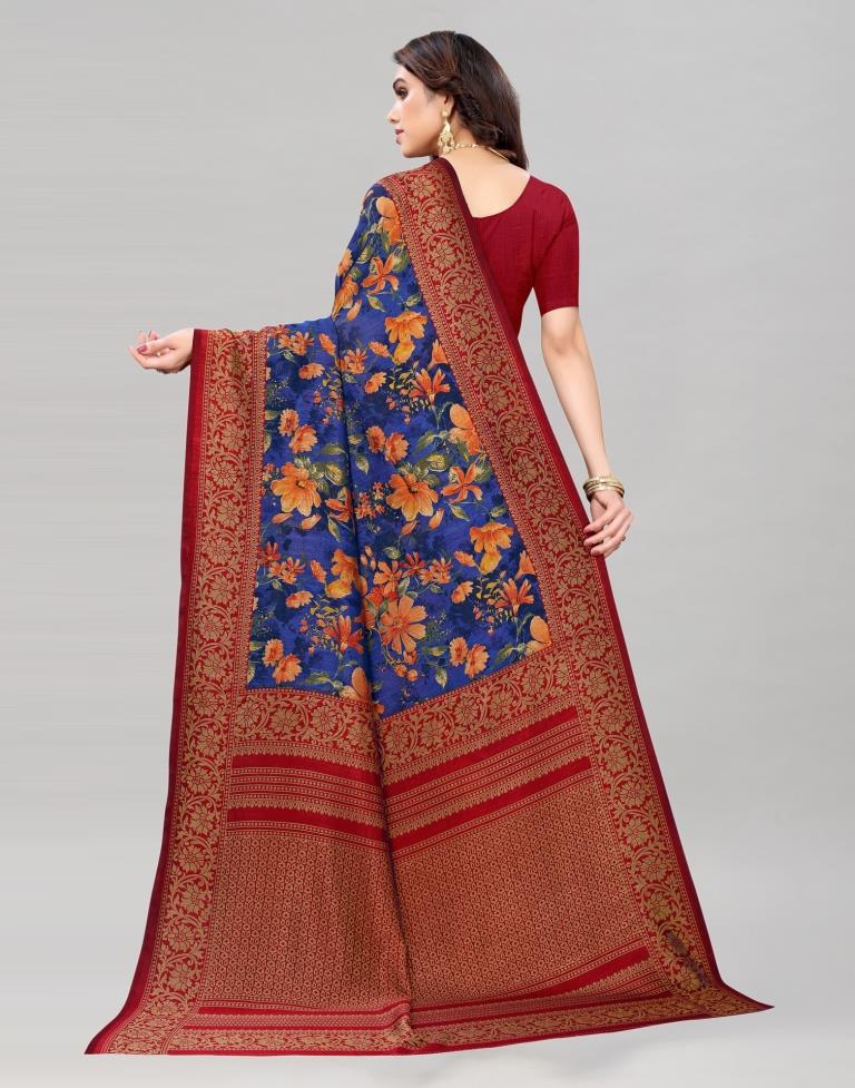 Blue Coloured Floral Printed Silk Saree | Sudathi