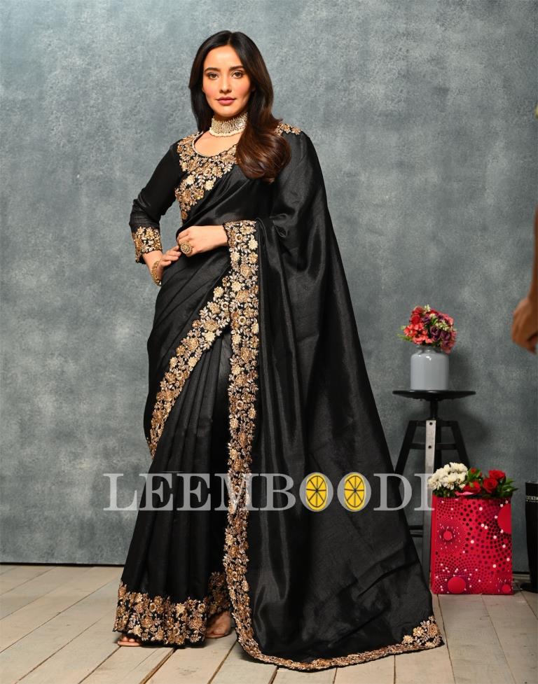 Black Coloured Poly Silk Embroidered Partywear Saree | Sudathi