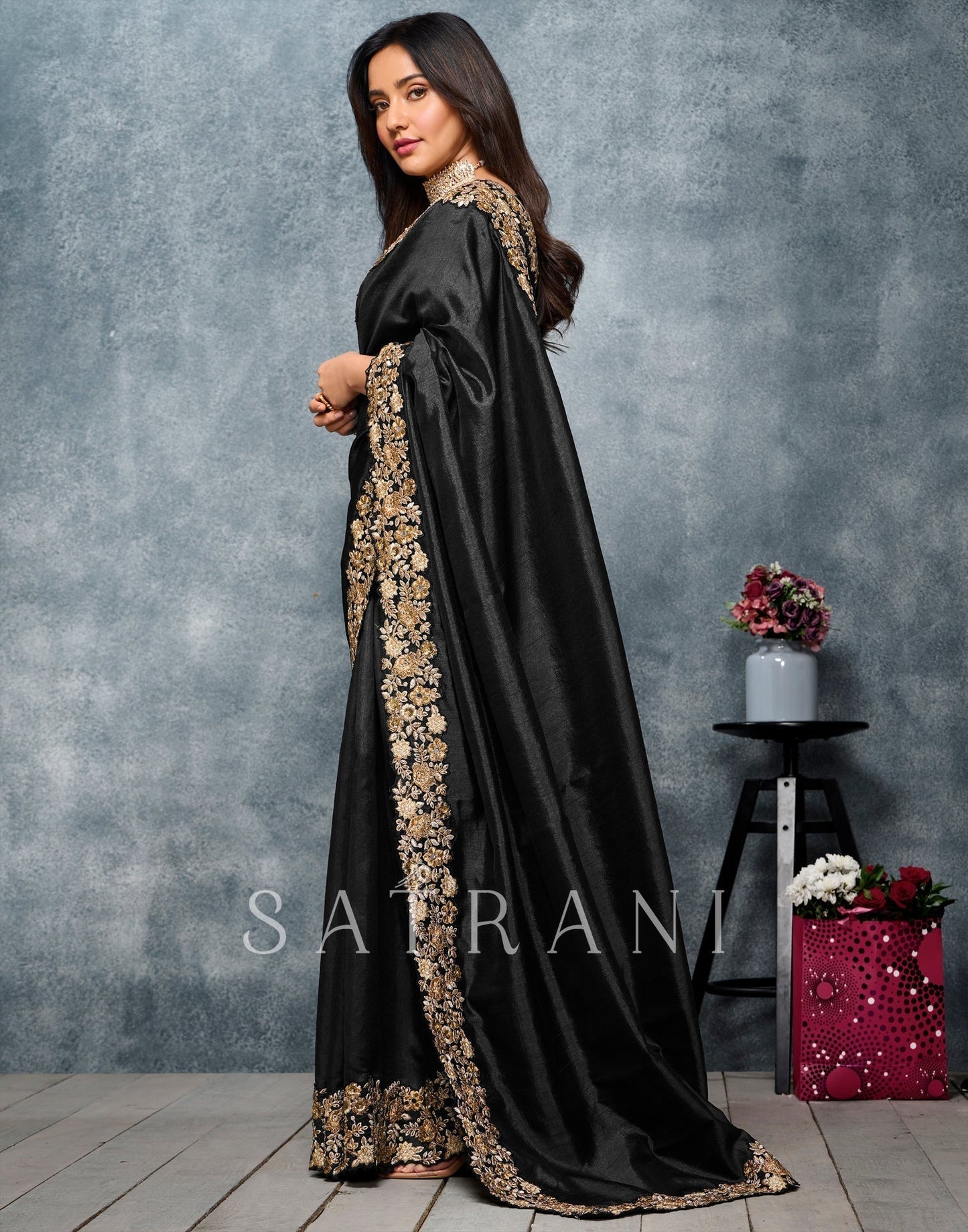 Black Coloured Poly Silk Embroidered Partywear Saree | Sudathi