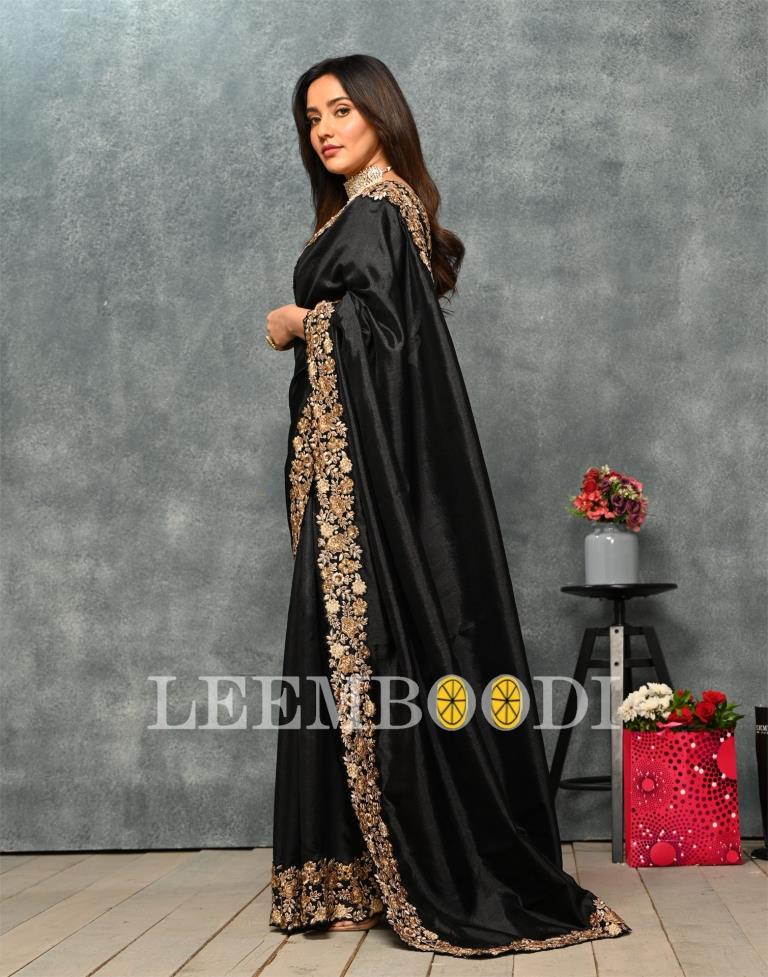 Black Coloured Poly Silk Embroidered Partywear Saree | Sudathi