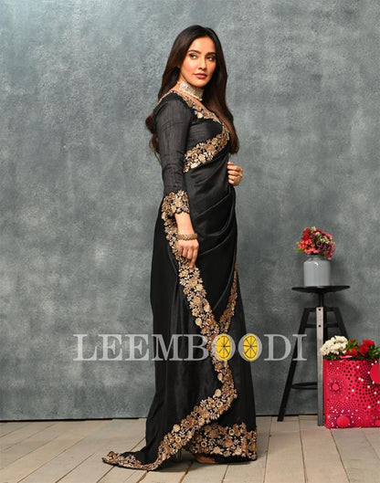 Black Coloured Poly Silk Embroidered Partywear Saree | Sudathi