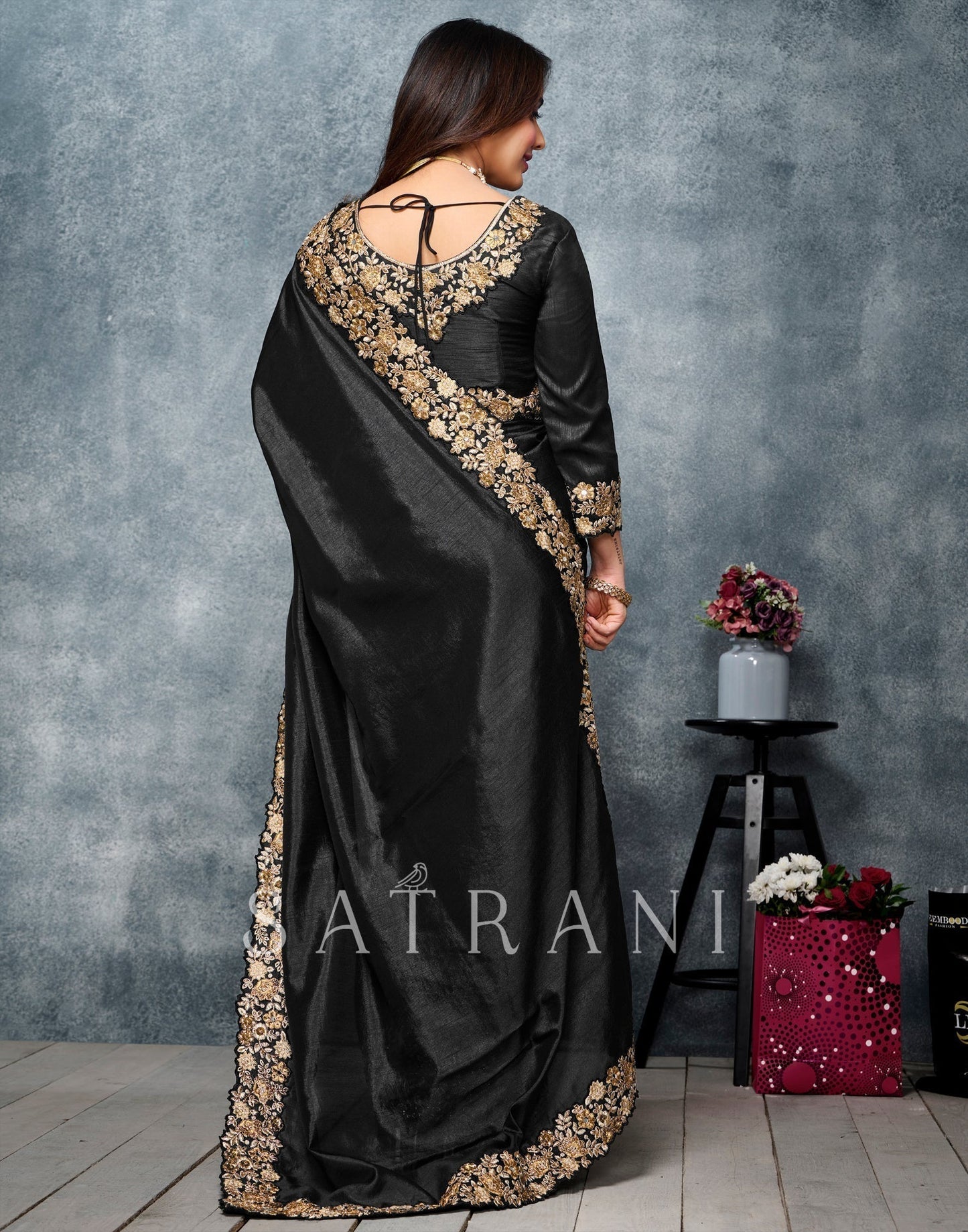 Black Coloured Poly Silk Embroidered Partywear Saree | Sudathi