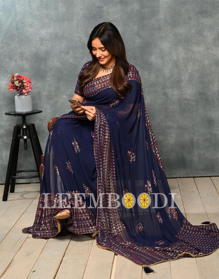 Navy Blue Coloured Georgette Foil And Pigment Printed Partywear Saree | Sudathi