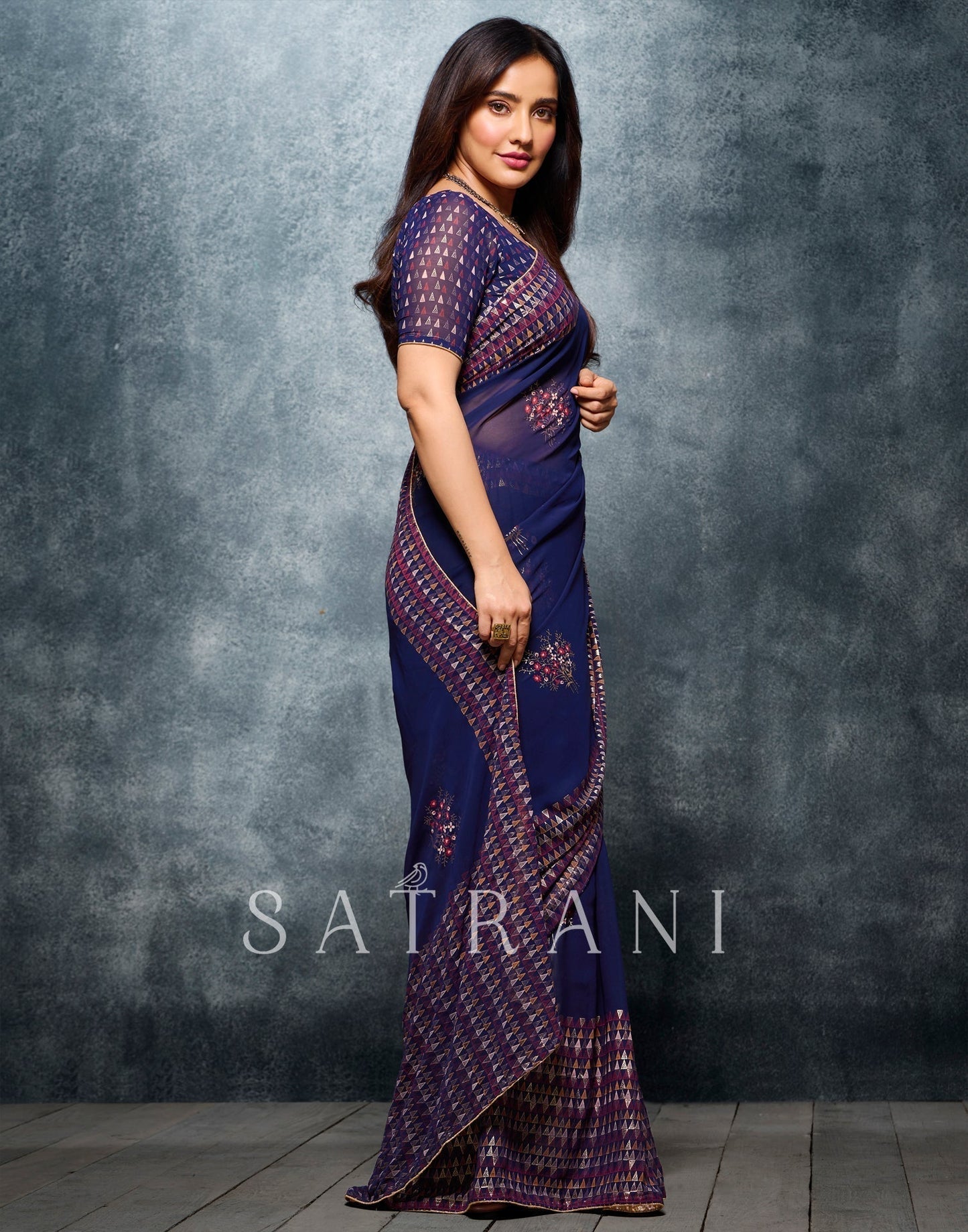 Navy Blue Coloured Georgette Foil And Pigment Printed Partywear Saree | Sudathi