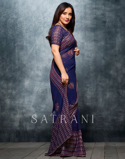 Navy Blue Coloured Georgette Foil And Pigment Printed Partywear Saree | Sudathi
