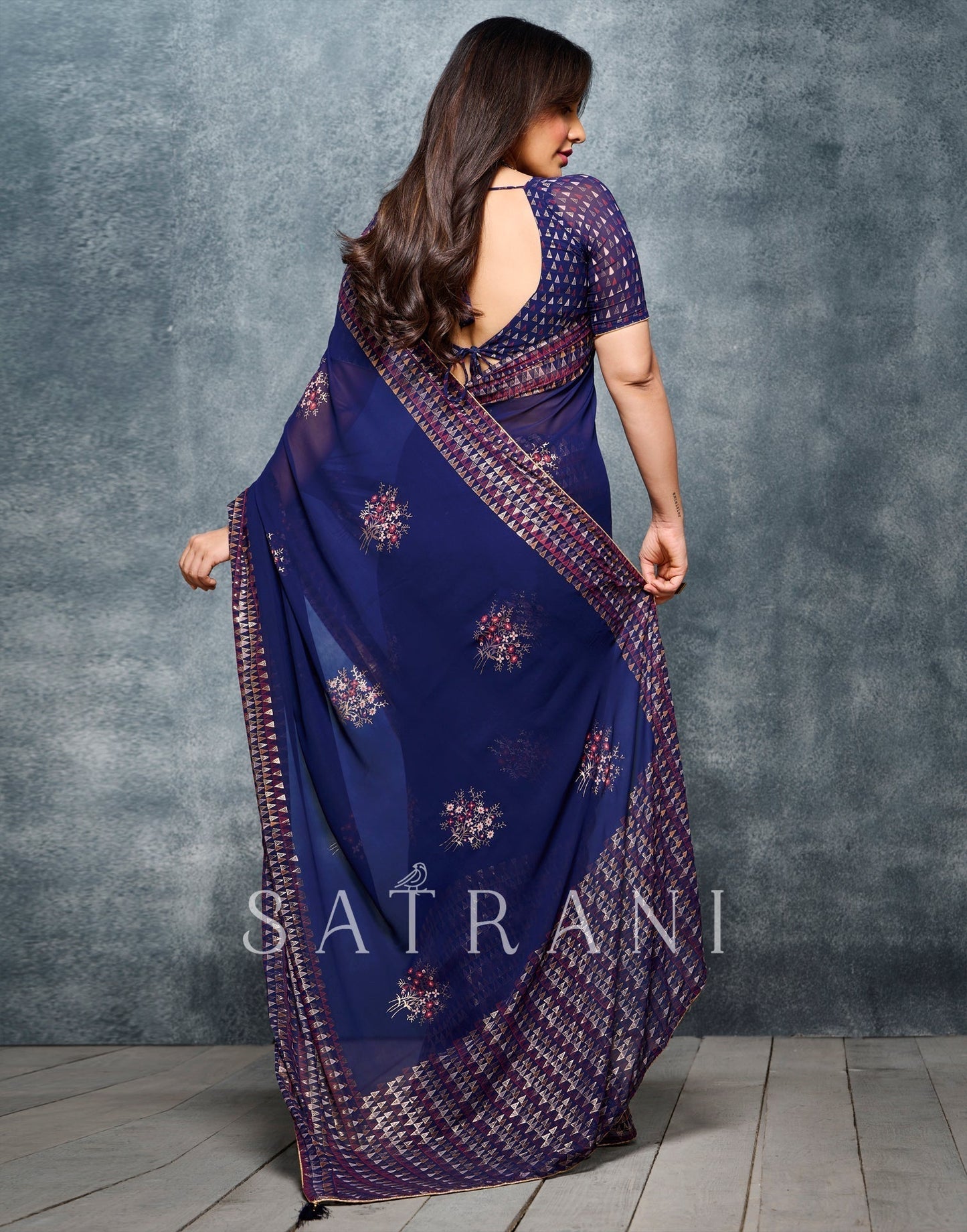 Navy Blue Coloured Georgette Foil And Pigment Printed Partywear Saree | Sudathi