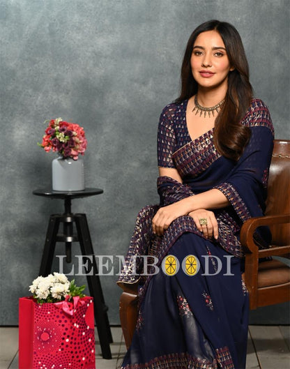 Navy Blue Coloured Georgette Foil And Pigment Printed Partywear Saree | Sudathi