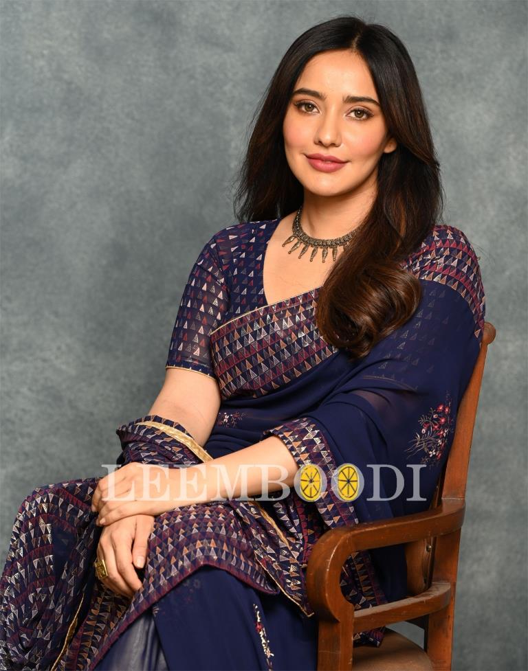 Navy Blue Coloured Georgette Foil And Pigment Printed Partywear Saree | Sudathi