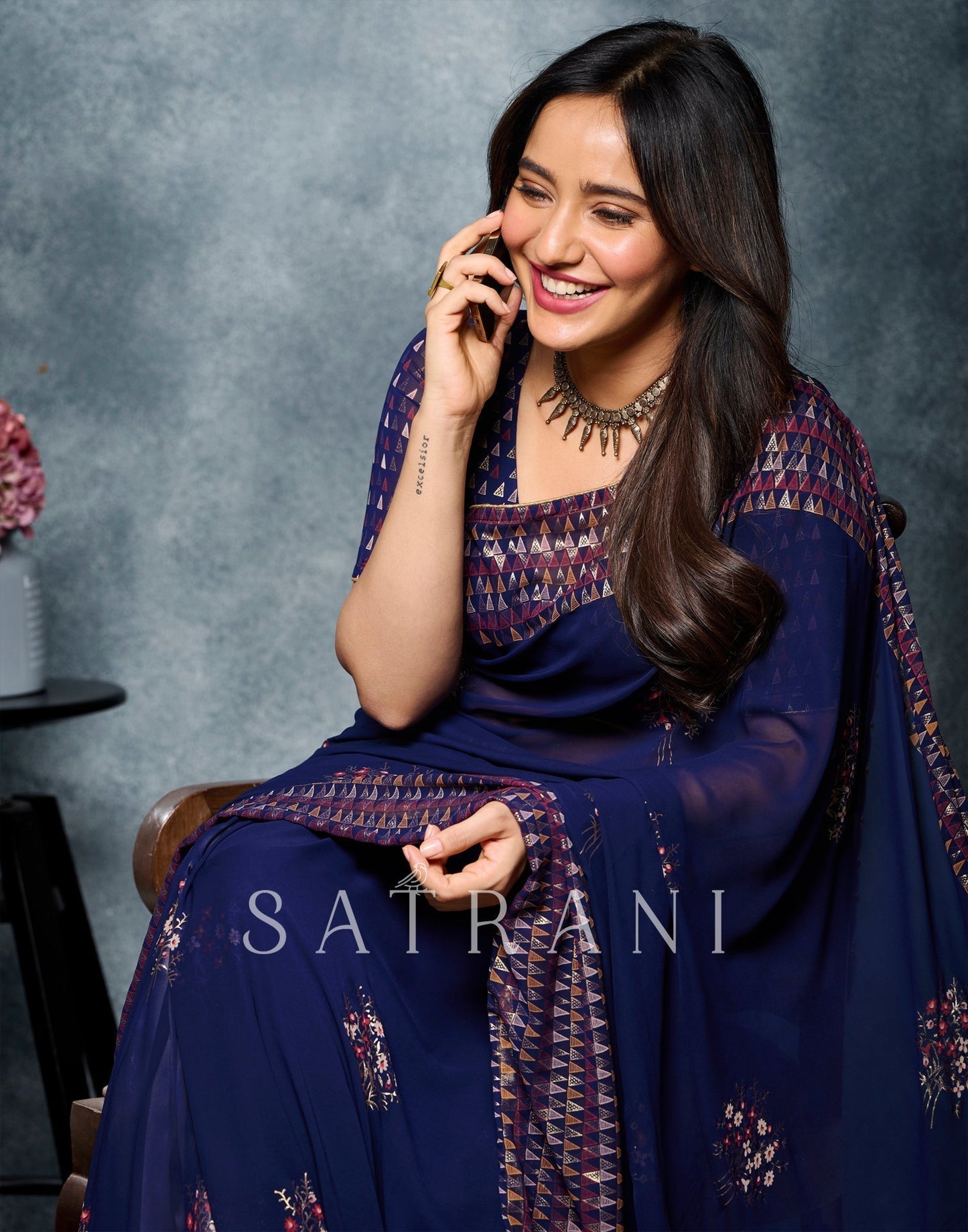 Navy Blue Coloured Georgette Foil And Pigment Printed Partywear Saree | Sudathi