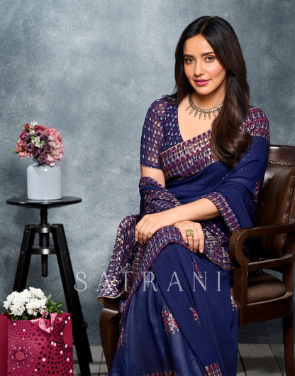 Navy Blue Coloured Georgette Foil And Pigment Printed Partywear Saree | Sudathi