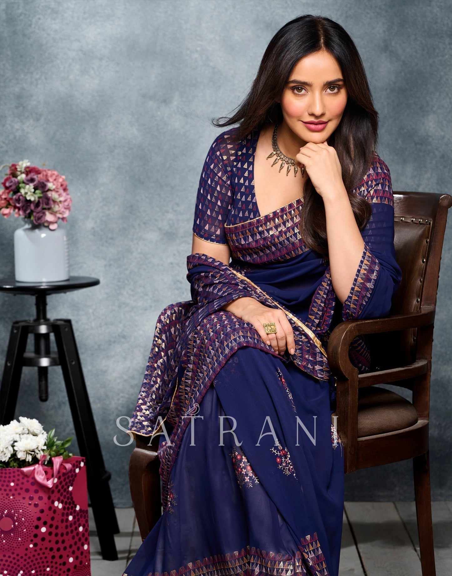 Navy Blue Coloured Georgette Foil And Pigment Printed Partywear Saree | Sudathi