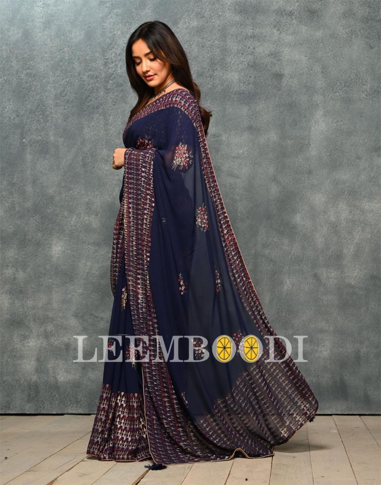 Navy Blue Coloured Georgette Foil And Pigment Printed Partywear Saree | Sudathi