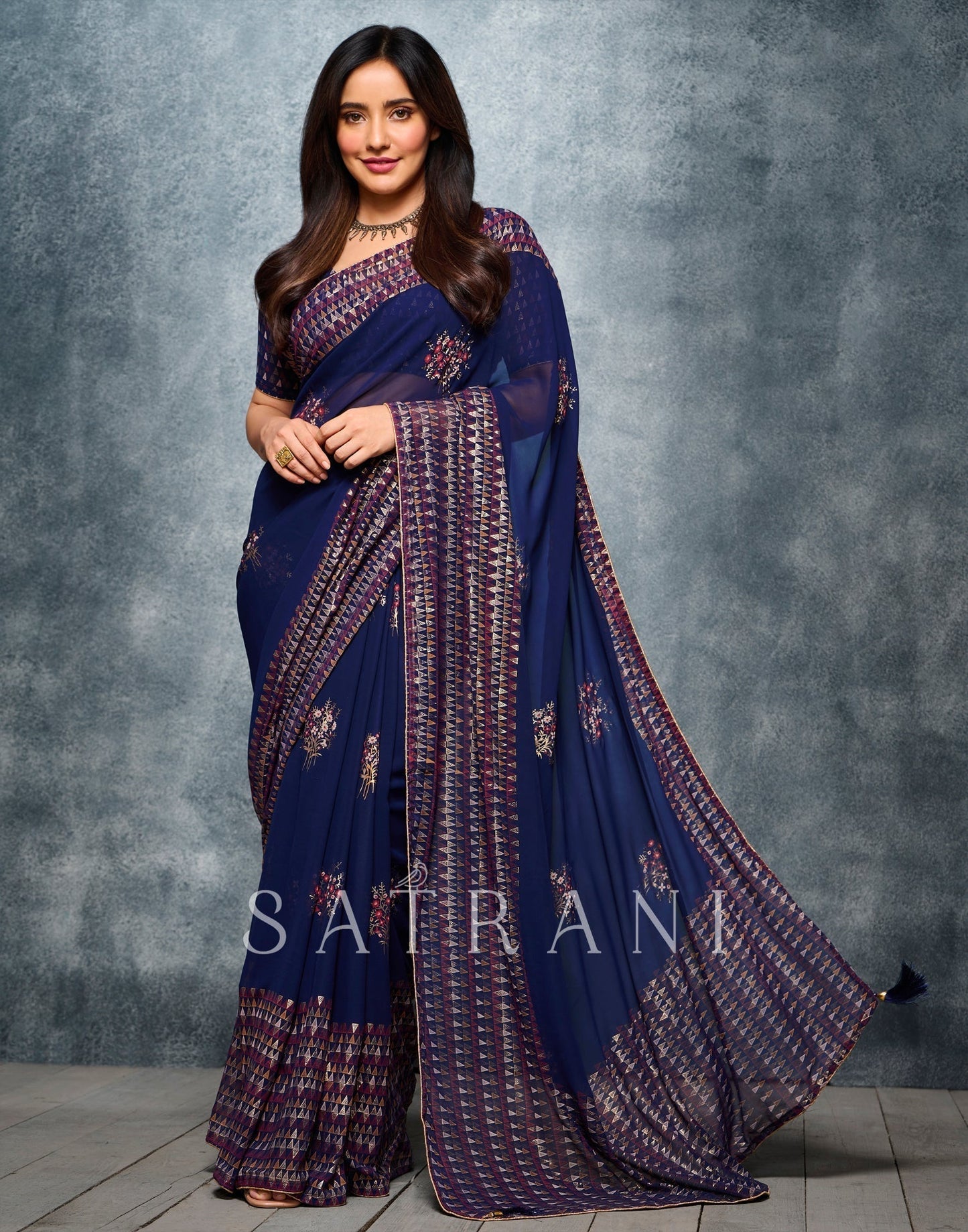 Navy Blue Coloured Georgette Foil And Pigment Printed Partywear Saree | Sudathi