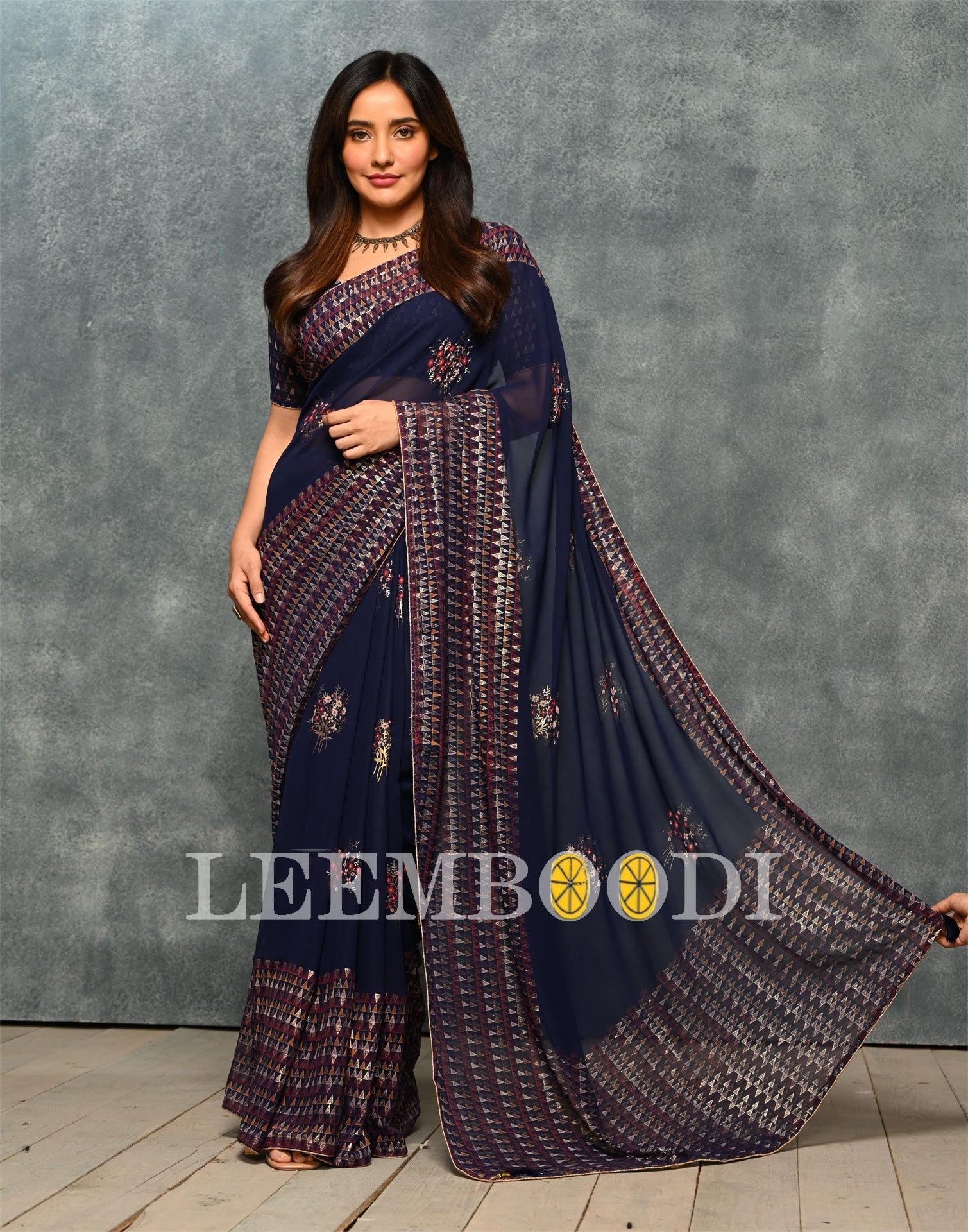 Navy Blue Coloured Georgette Foil And Pigment Printed Partywear Saree | Sudathi