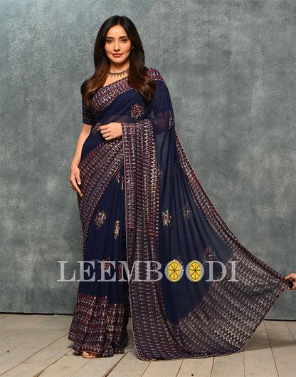 Navy Blue Coloured Georgette Foil And Pigment Printed Partywear Saree | Sudathi