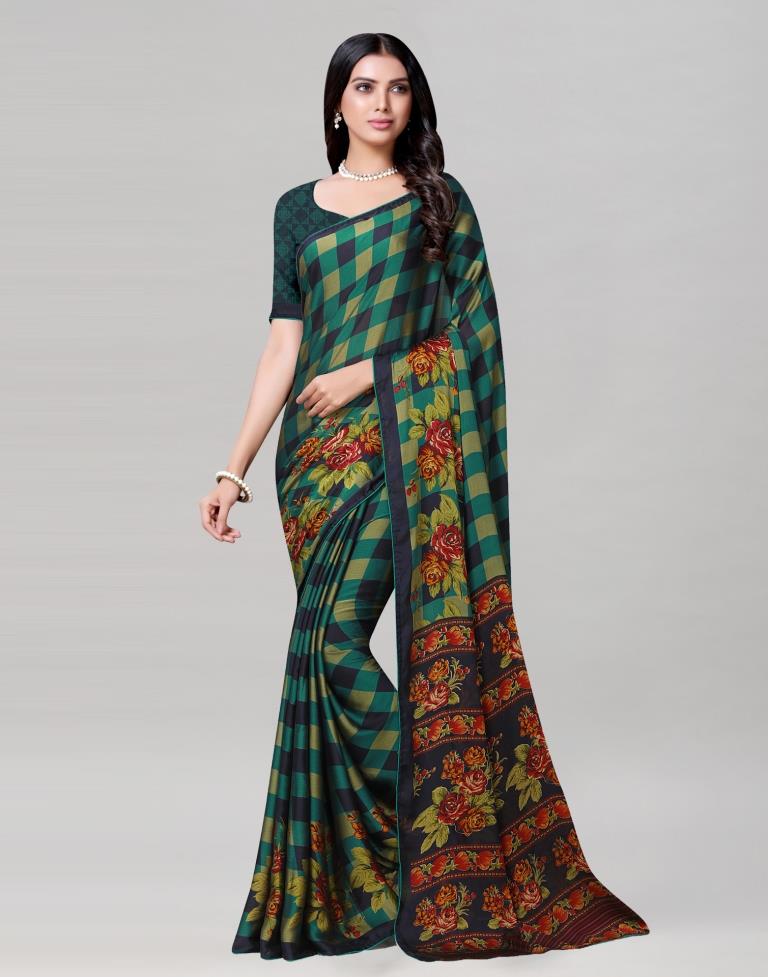 Green Coloured Floral Printed Chiffon Saree | Sudathi