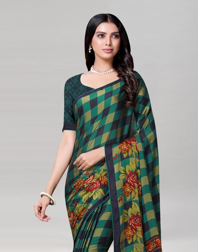 Green Coloured Floral Printed Chiffon Saree | Sudathi