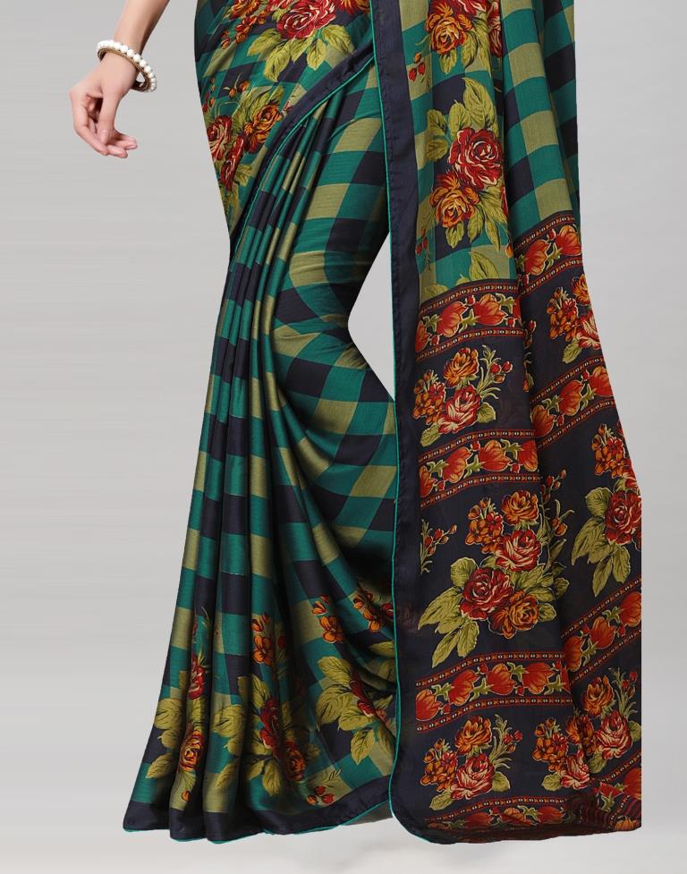 Green Coloured Floral Printed Chiffon Saree | Sudathi