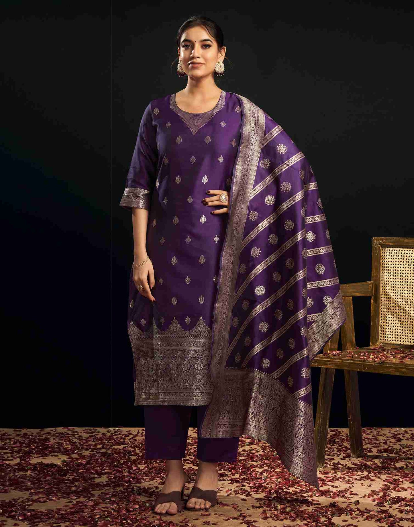 Deep Purple Silk Woven Straight Kurta Set With Dupatta