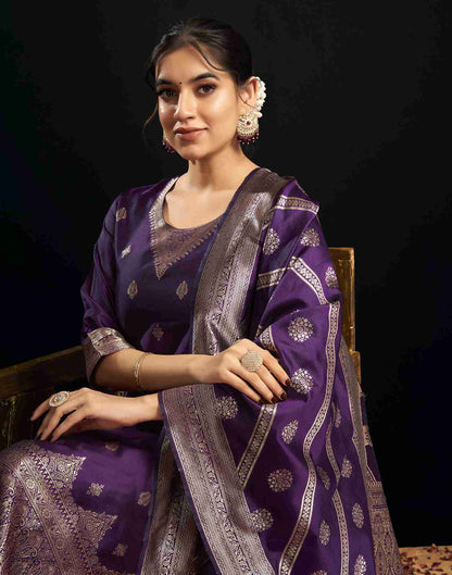 Deep Purple Silk Woven Straight Kurta Set With Dupatta