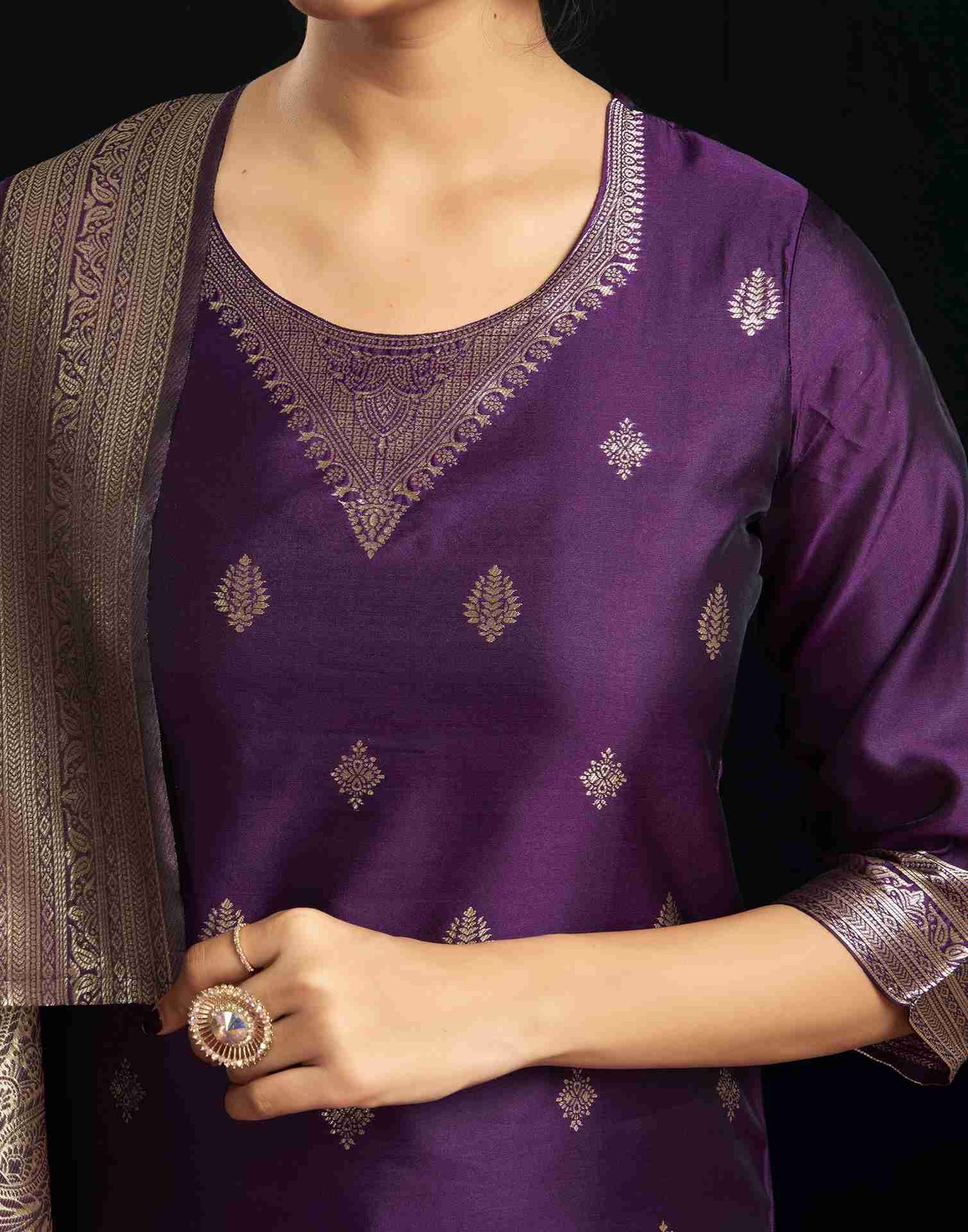 Deep Purple Silk Woven Straight Kurta Set With Dupatta