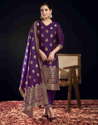 Dark Purple Silk Woven Straight Kurta Set With Dupatta