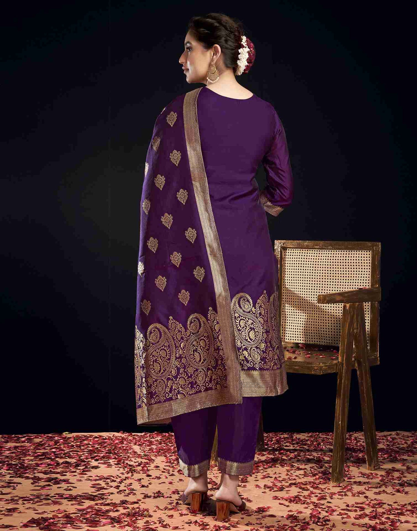 Dark Purple Silk Woven Straight Kurta Set With Dupatta