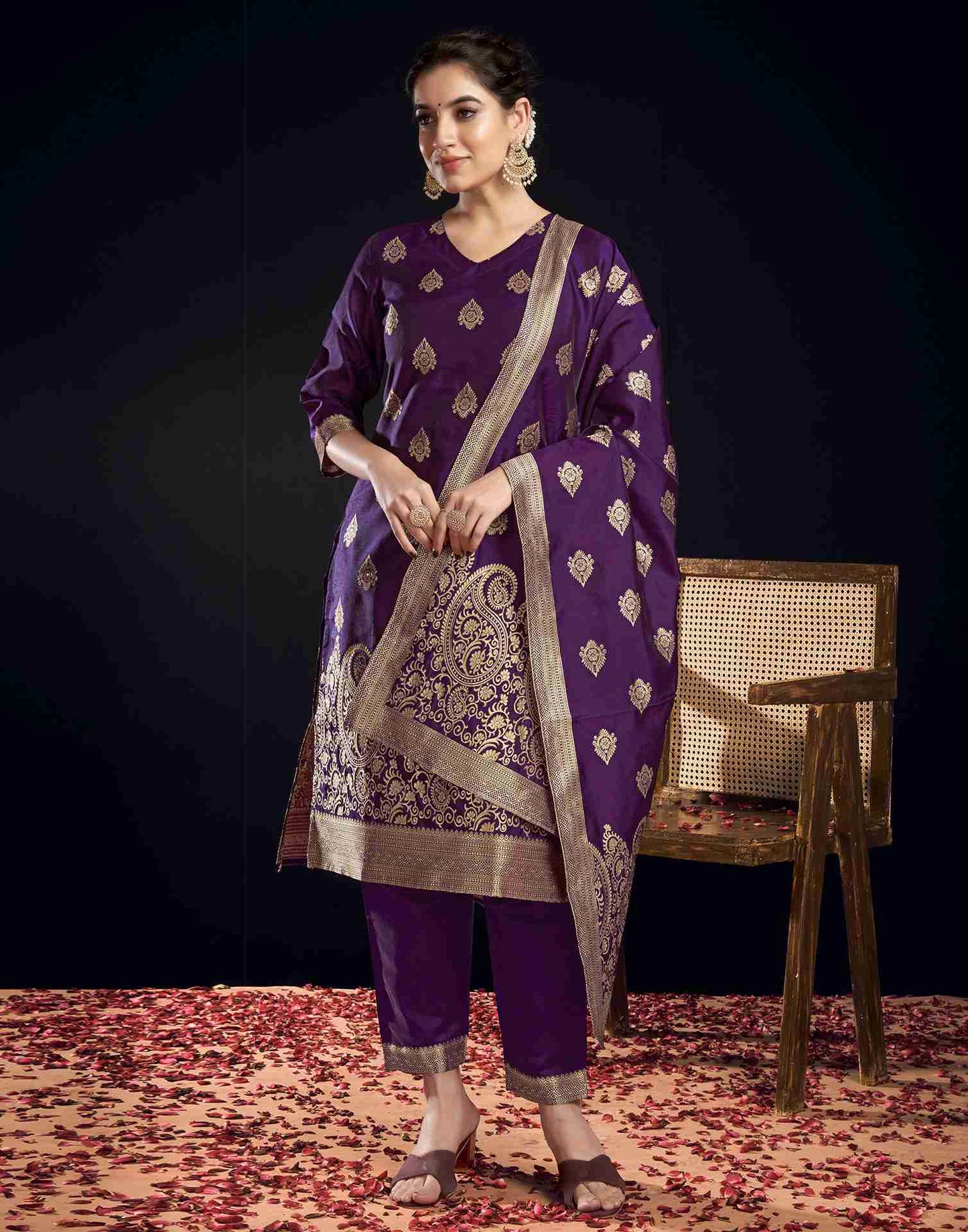 Dark Purple Silk Woven Straight Kurta Set With Dupatta