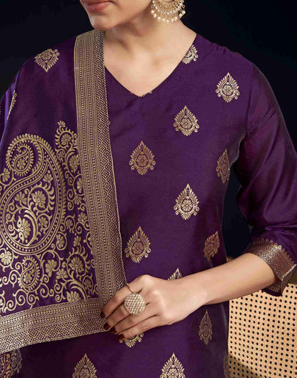 Dark Purple Silk Woven Straight Kurta Set With Dupatta