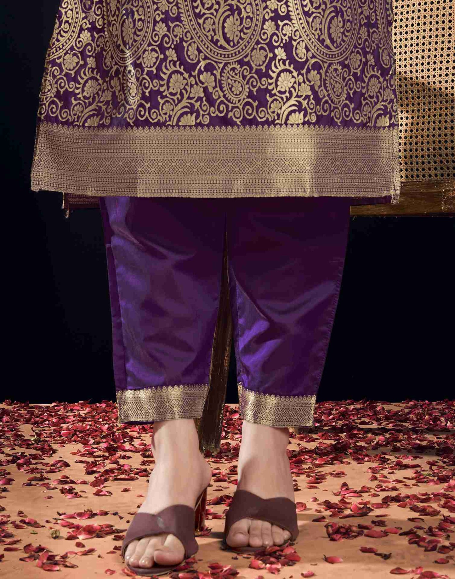 Dark Purple Silk Woven Straight Kurta Set With Dupatta