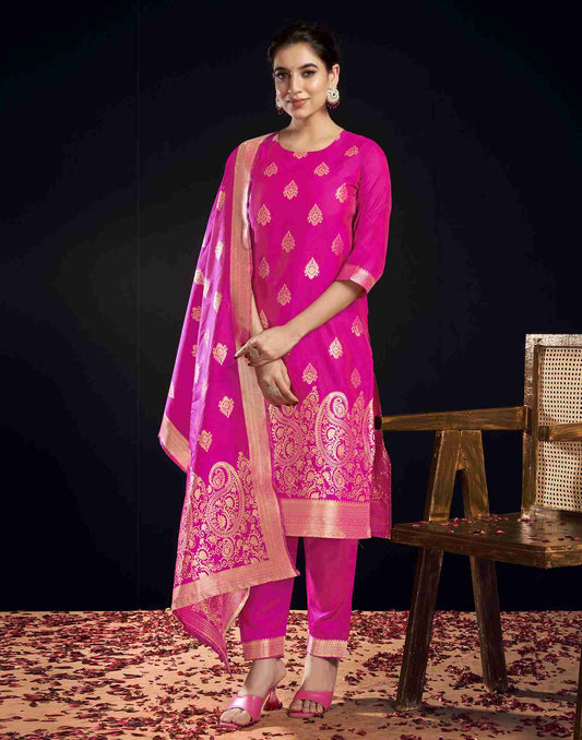 Rani Pink Silk Woven Straight Kurta Set With Dupatta