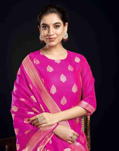 Rani Pink Silk Woven Straight Kurta Set With Dupatta