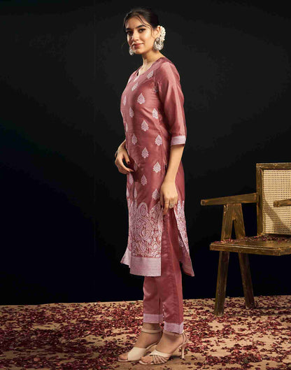 Dusty Pink Silk Woven Straight Kurta Set With Dupatta