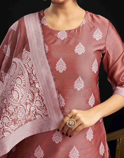 Dusty Pink Silk Woven Straight Kurta Set With Dupatta