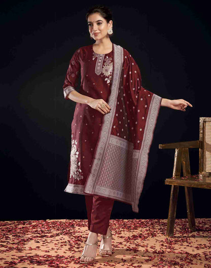 Maroon Silk Woven Straight Kurta Set With Dupatta