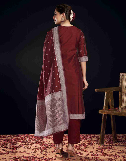 Maroon Silk Woven Straight Kurta Set With Dupatta