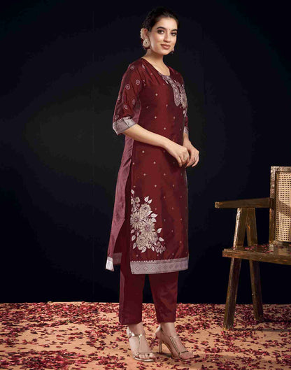 Maroon Silk Woven Straight Kurta Set With Dupatta