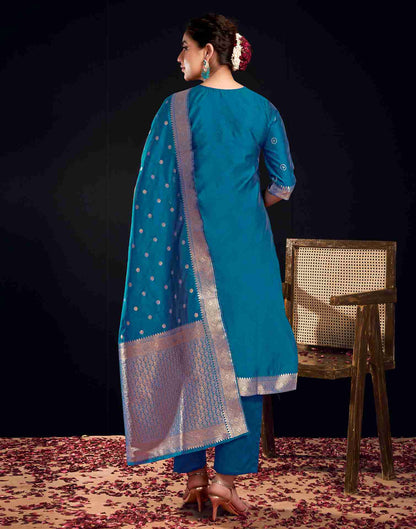 Rama Blue Silk Woven Straight Kurta Set With Dupatta